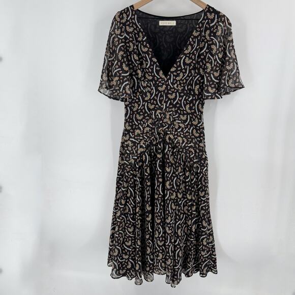 Stevie May Boho Chiffon Flutter Sleeve Midi Dress Black Beige Paisley Size Small - Picture 2 of 12